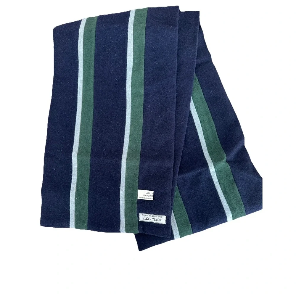 Rare VTG Lord & Taylor Blue Green Striped All Wool Scarf Made In England